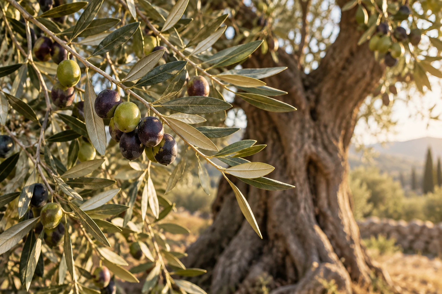Gün ışığında yeşil ve mor zeytinlerle dolu bir zeytin dalını gösteren temsili görsel